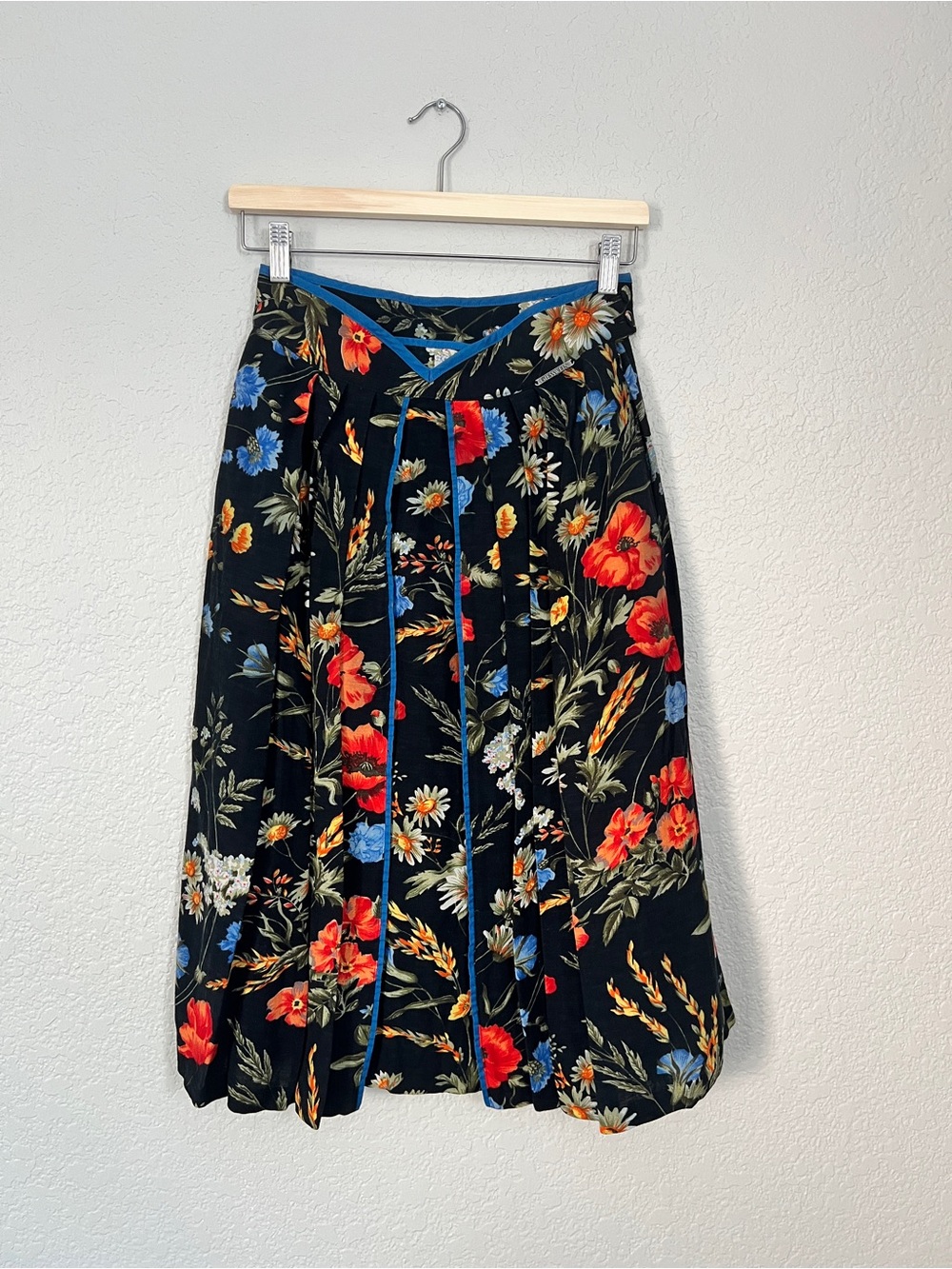 VTG Giesswein Black Floral Circle Skirt with Blue Trim